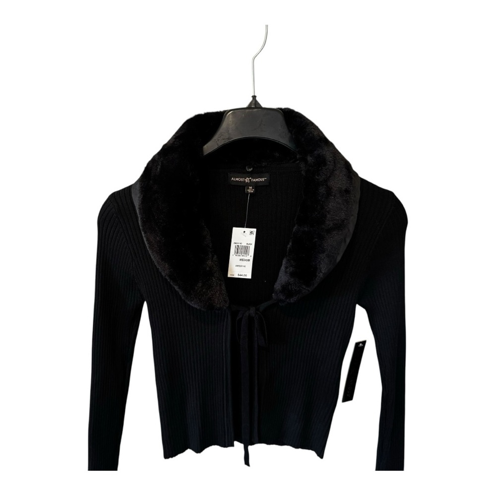 NWT Juniors' Faux-Fur-Collar Tie-Front Cardigan Sweater Removable collar